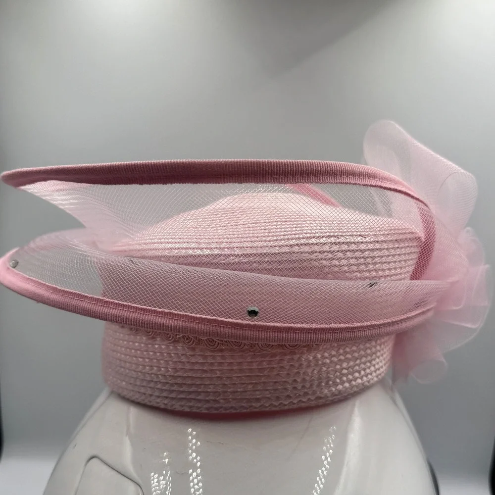 Pink Pillbox Fascinator Hat Mesh Tulle Flower Sequin Rhinestone Tea Party Hat